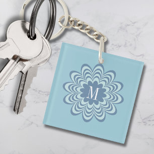 Abstract Blue Flower Custom Monogram Initial Key Ring