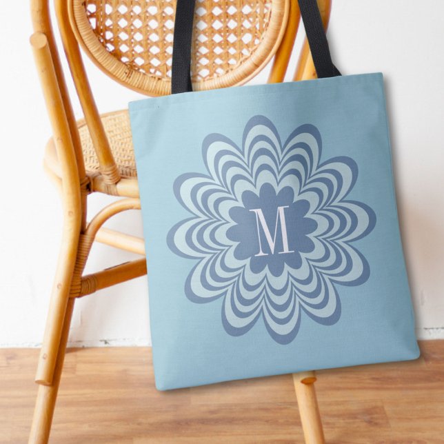 Abstract Blue Flower Custom Monogram Initial  Tote Bag (Creator Uploaded)