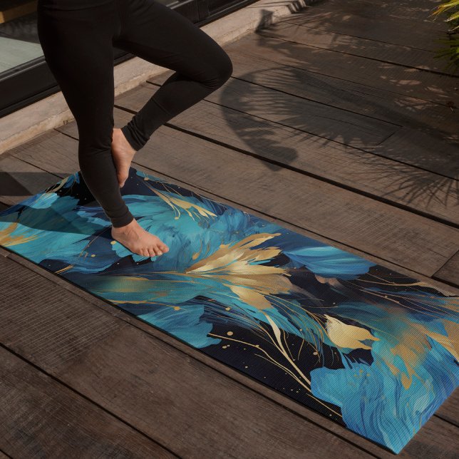 Abstract Blue Flower Golden Floral Elegant Pattern Yoga Mat (Creator Uploaded)