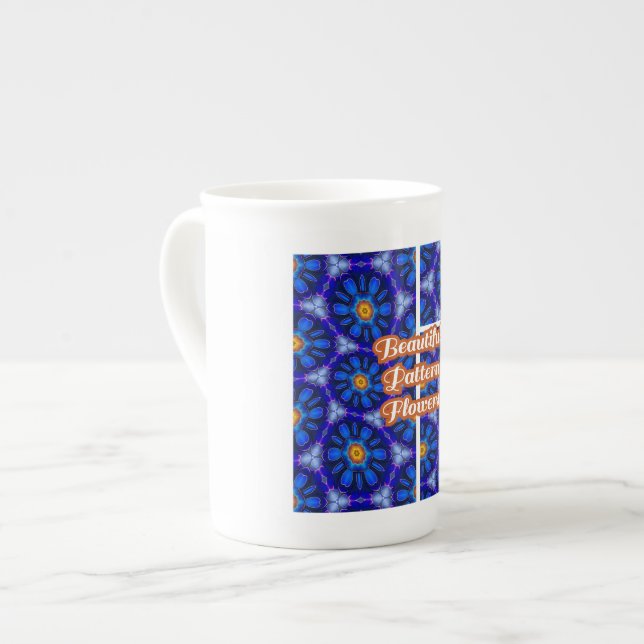 Abstract Blue Flowers Pattern Bone China Mug (Front Left)