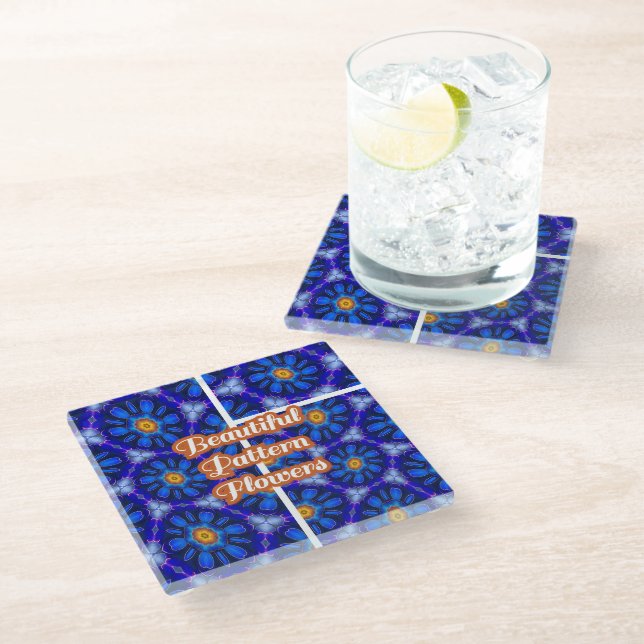 Abstract Blue Flowers Pattern Glass Coaster (Angled)