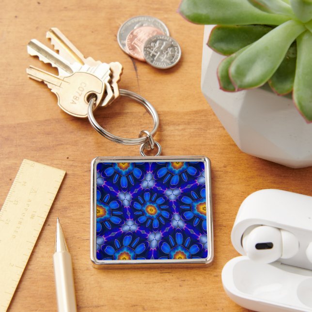Abstract Blue Flowers Pattern Key Ring (Desk)