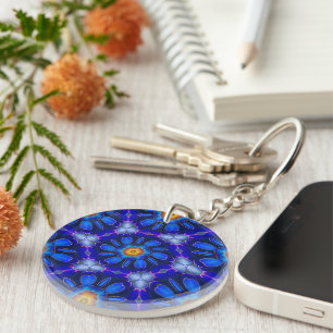Abstract Blue Flowers Pattern Key Ring
