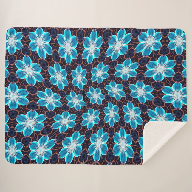 Abstract Blue Flowers Pattern Sherpa Blanket (Front (Horizontal))
