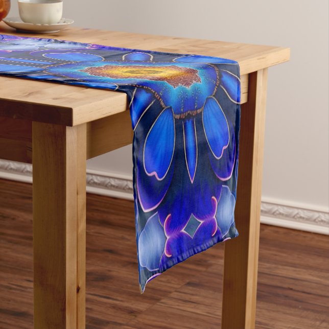 Abstract Blue Flowers Pattern Short Table Runner (In Situ)
