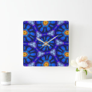 Abstract Blue Flowers Pattern Square Wall Clock