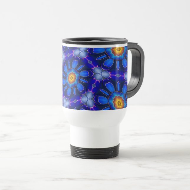 Abstract Blue Flowers Pattern Travel Mug (Front Right)