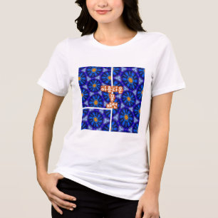 Abstract Blue Flowers Pattern Tri-Blend Shirt