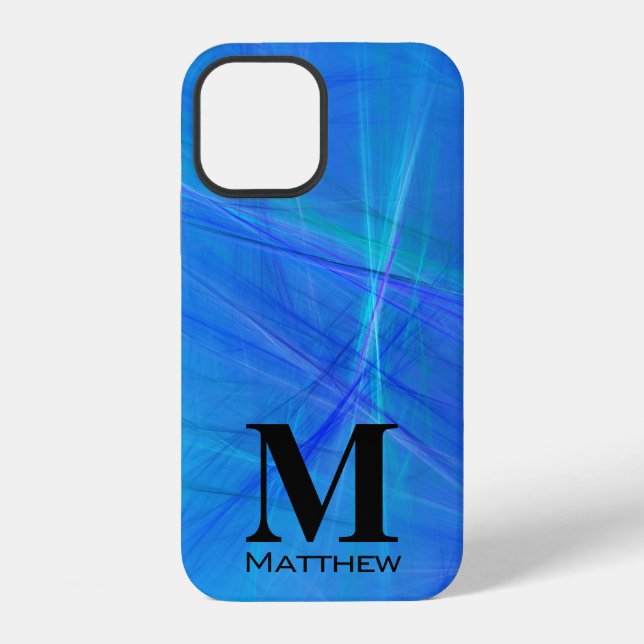 Abstract Blue Fractal Flame Black Monogram iPhone Case (Back)