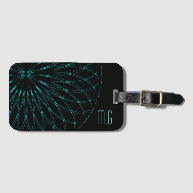 Abstract Blue Geometric Graphic Black Monogram Luggage Tag (Front Horizontal)