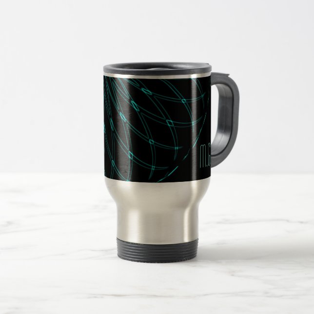 Abstract Blue Geometric Graphic Black Monogram Travel Mug (Front Right)