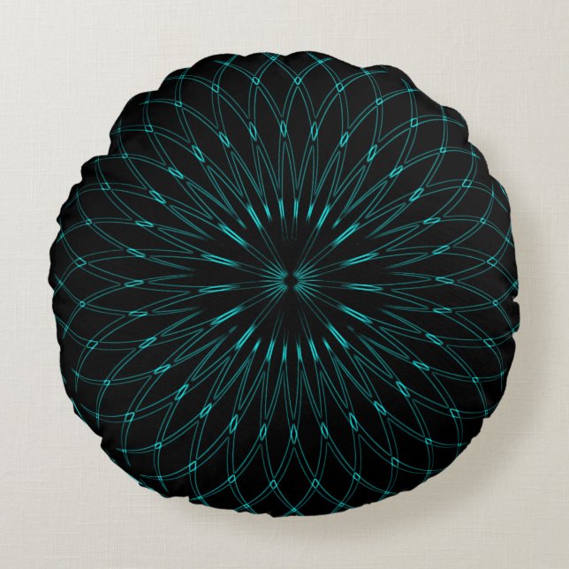 Abstract Blue Geometric Graphic Black Round Cushion (Front)