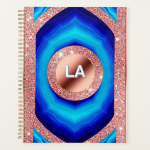 Abstract Blue Geometric Pattern with Rose Gold Planner