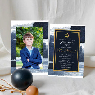 Abstract Blue Gilded Photo Bar Mitzvah Invitation