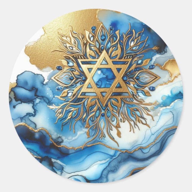 Abstract Blue Gold Contemporary Star Of David  Classic Round Sticker (Front)