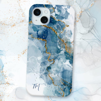 Abstract Blue/Gold Glitter Alcohol Ink Monogram iPhone 15 Mini Case