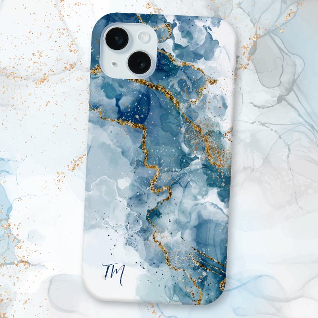 Abstract Blue/Gold Glitter Alcohol Ink Monogram Case-Mate iPhone Case (Creator Uploaded)