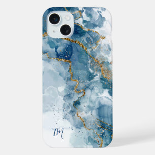 Abstract Blue/Gold Glitter Alcohol Ink Monogram iPhone 15 Plus Case