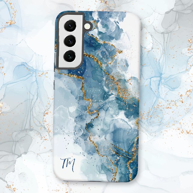 Abstract Blue/Gold Glitter Alcohol Ink Monogram Samsung Galaxy S22+ Case (Creator Uploaded)