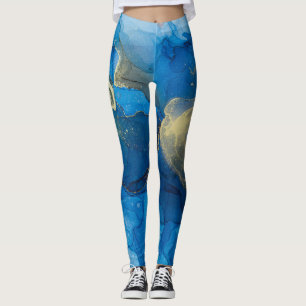 Abstract Blue Gold Marble Texture Leggings
