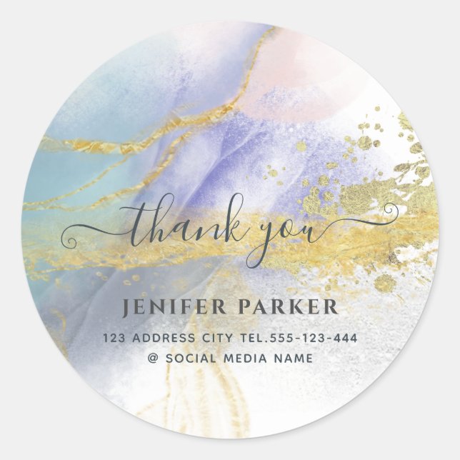 Abstract blue gold  modern script thank you classic round sticker (Front)