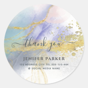 Abstract blue gold modern script thank you classic round sticker