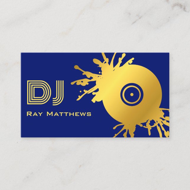 Abstract Blue Gold Music Disc DJ Business Card (Front)