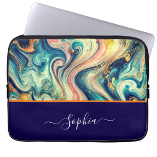 abstract blue&gold swirls - add name laptop sleeve