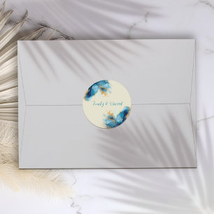 Abstract Blue & Gold Watercolor Wedding Classic Round Sticker