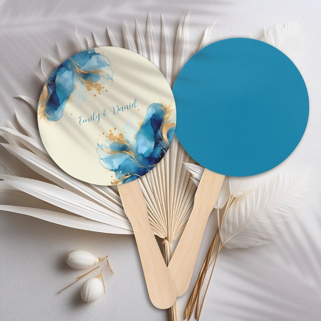 Abstract Blue & Gold Watercolor Wedding Hand Fan (Creator Uploaded)