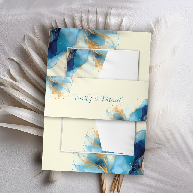 Abstract Blue & Gold Watercolor Wedding Invitation Belly Band (Creator Uploaded)