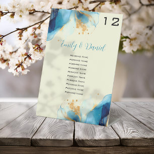 Abstract Blue & Gold Watercolor Wedding Numbers Pedestal Sign
