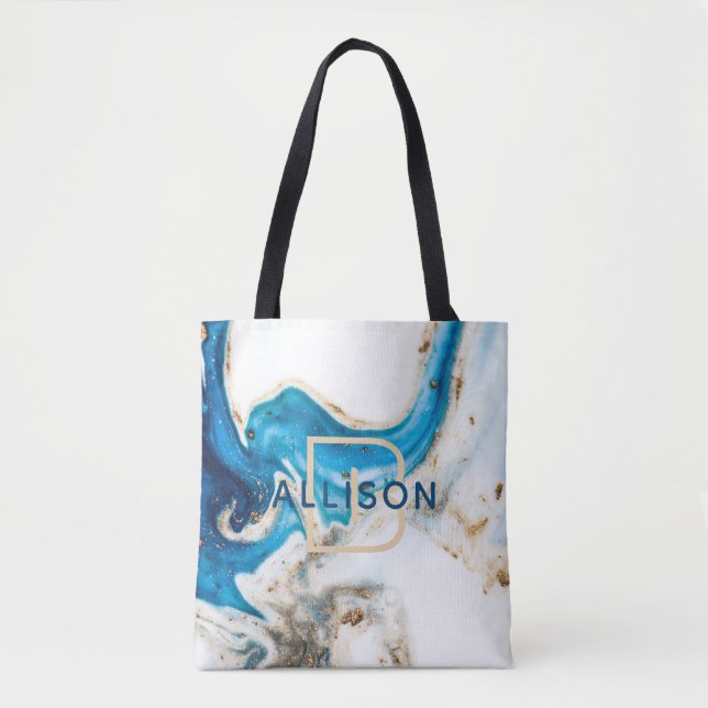 Abstract Blue Gold White Marble Monogram Tote Bag (Front)