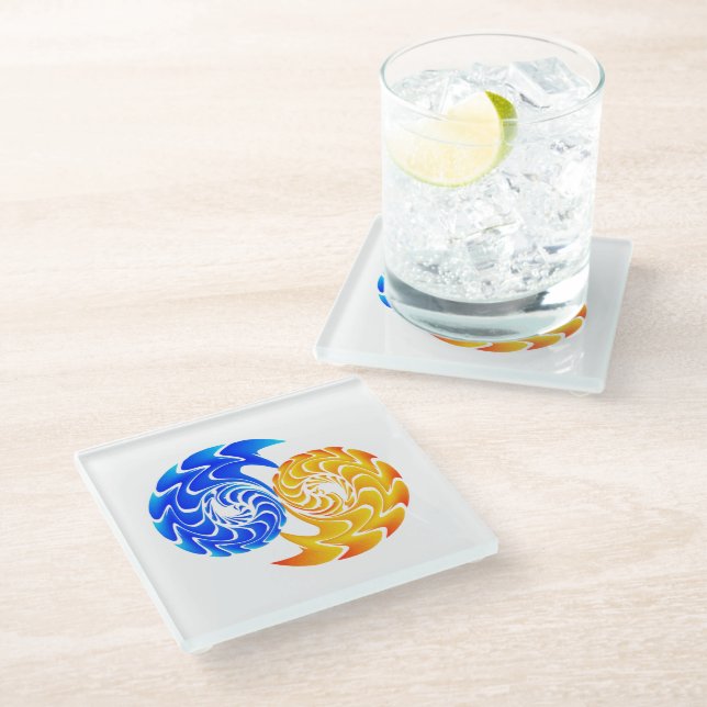 Abstract Blue Gold Yin Yang Fishes Balance Glass Coaster (Angled)