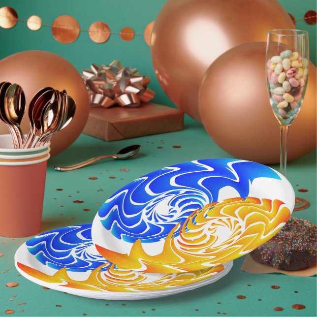 Abstract Blue Gold Yin Yang Fishes Balance Paper Plate (Multi)