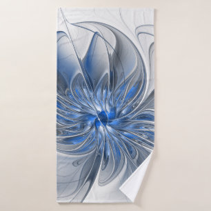 Abstract Blue Gray Watercolor Fractal Art Flower Bath Towel