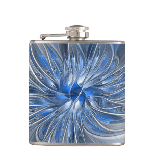 Abstract Blue Gray Watercolor Fractal Art Flower Hip Flask