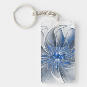 Abstract Blue Gray Watercolor Fractal Art Flower Key Ring