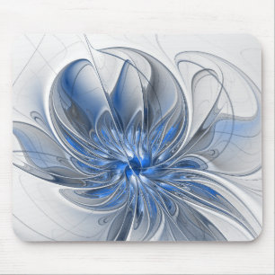 Abstract Blue Gray Watercolor Fractal Art Flower Mouse Mat