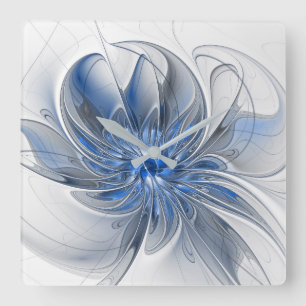 Abstract Blue Gray Watercolor Fractal Art Flower Square Wall Clock