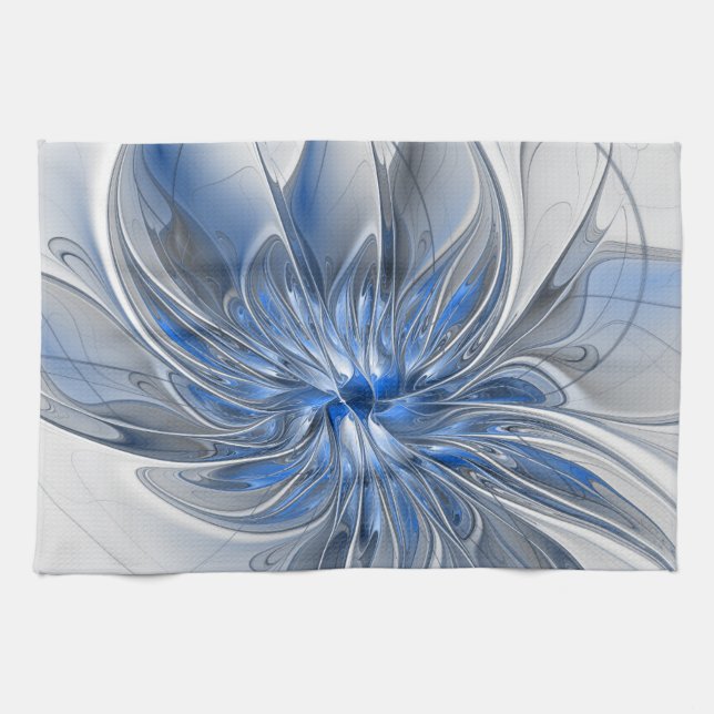 Abstract Blue Gray Watercolor Fractal Art Flower Tea Towel (Horizontal)