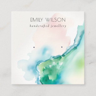 Abstract Blue Green Blush Watercolor Agate Earring Square Business Card