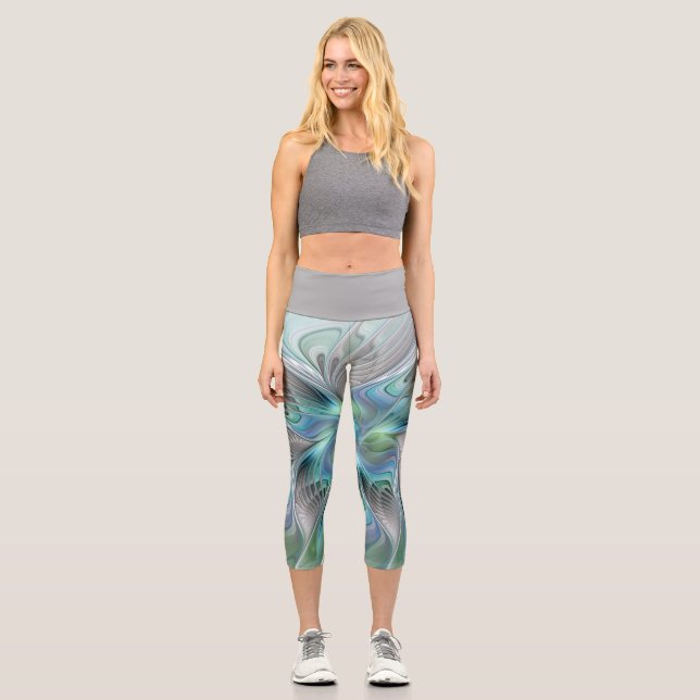 Abstract Blue Green Butterfly Fantasy Fractal Art Capri Leggings (Front)