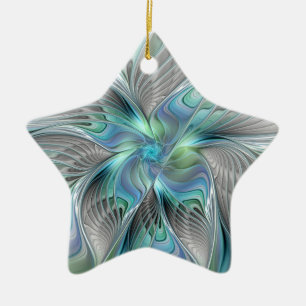 Abstract Blue Green Butterfly Fantasy Fractal Art Ceramic Tree Decoration
