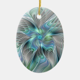 Abstract Blue Green Butterfly Fantasy Fractal Art Ceramic Tree Decoration