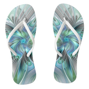Abstract Blue Green Butterfly Fantasy Fractal Art Flip Flops