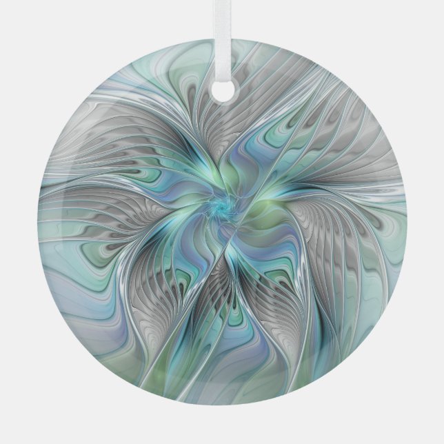 Abstract Blue Green Butterfly Fantasy Fractal Art Glass Tree Decoration (Front)
