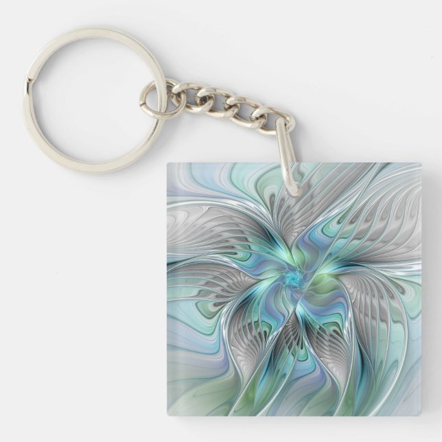 Abstract Blue Green Butterfly Fantasy Fractal Art Key Ring (Front)