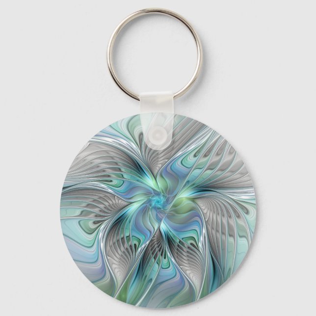 Abstract Blue Green Butterfly Fantasy Fractal Art Key Ring (Front)