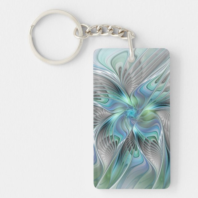 Abstract Blue Green Butterfly Fantasy Fractal Art Key Ring (Front)